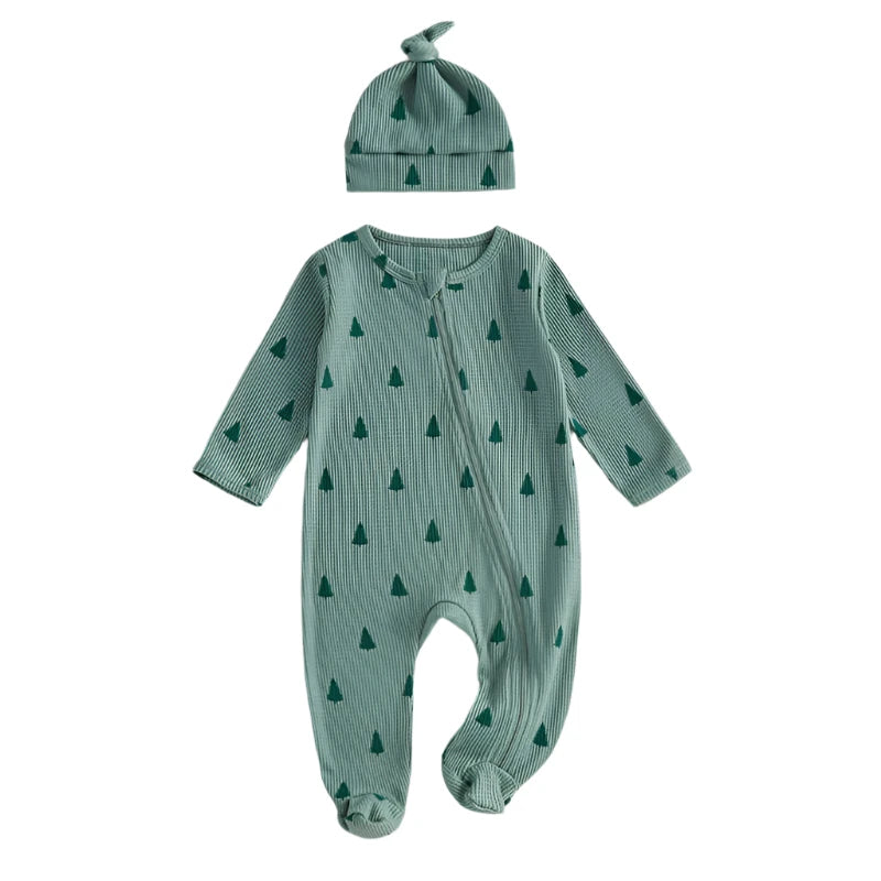 Green Ribbed Christmas Tree Baby Romper with Top Knot Hat