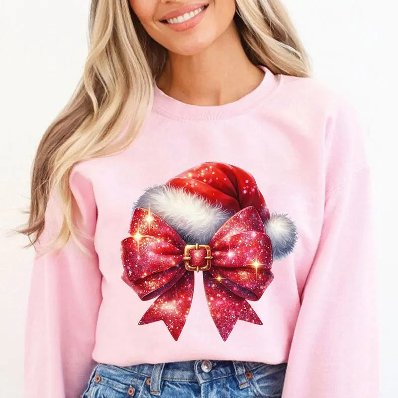 Women's Pink Bow Print Christmas Sweatshirt