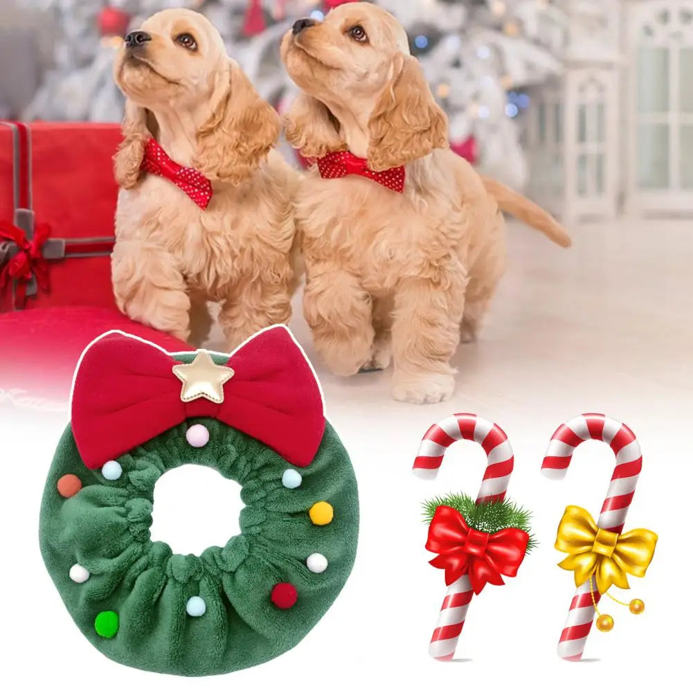 Dog Christmas Tree Collar with Red Bow and Fuzzy Balls (Sizes S - XL)