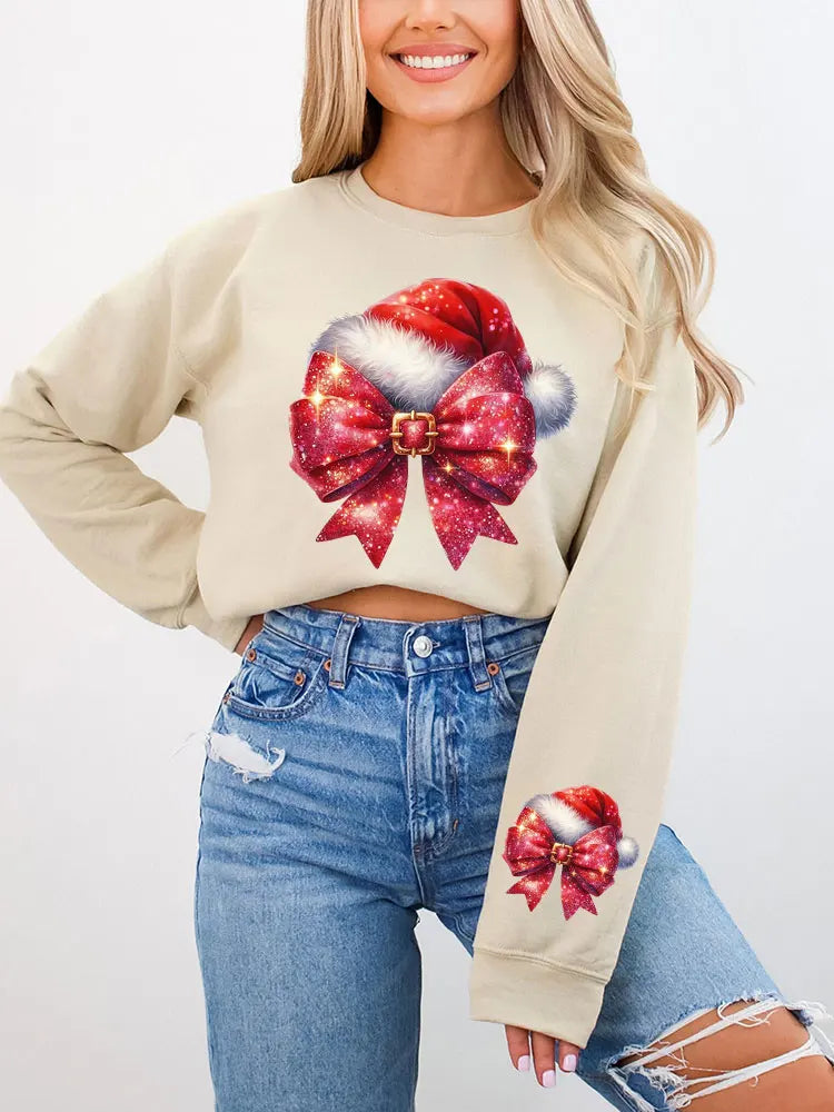 Women's Beige Bow Print Christmas Sweatshirt