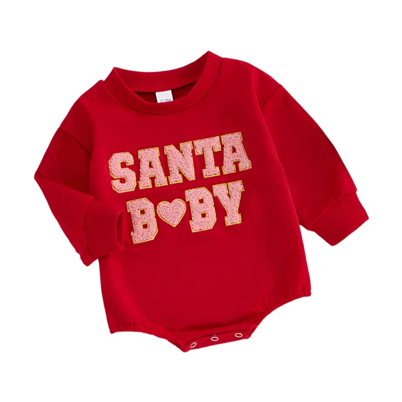 Baby Christmas Sweatshirt Romper with Letter Embroidery