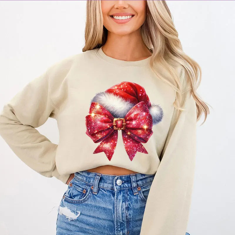 Women's Beige Bow Print Christmas Sweatshirt