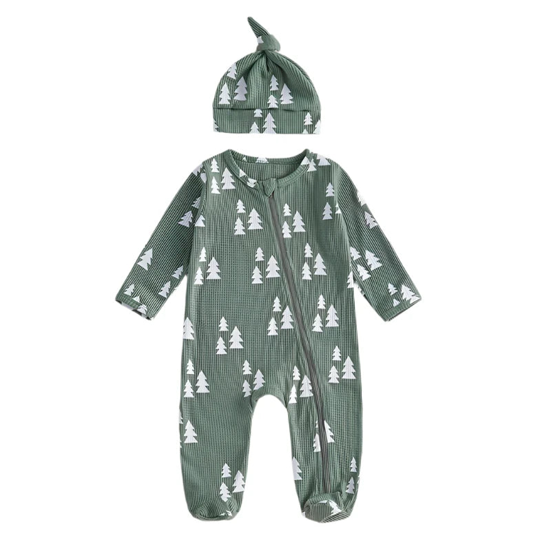 Green Ribbed Christmas Tree Baby Romper with Top Knot Hat