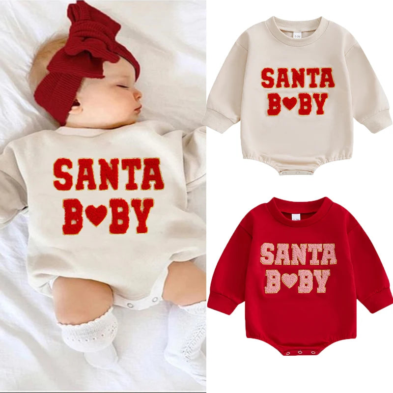 Baby Christmas Sweatshirt Romper with Letter Embroidery