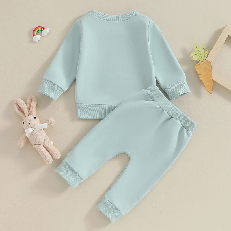 Toddler Girls Easter Little Bunny Embroidery Long Sleeve Sweatshirt and Elastic Waist Pants Set