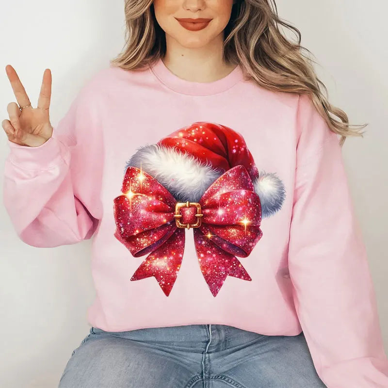 Women's Pink Bow Print Christmas Sweatshirt