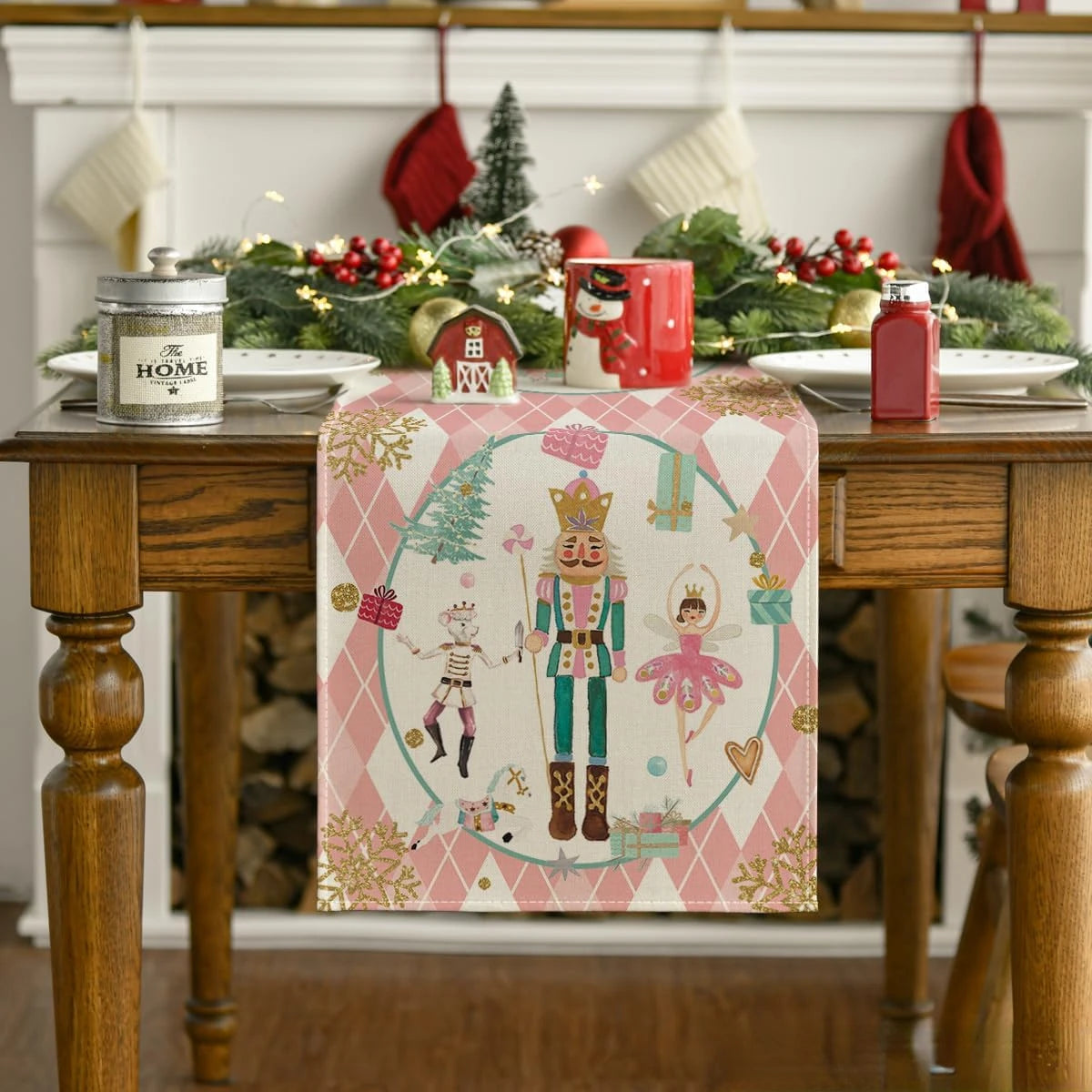 Pink Plaid Nutcracker Christmas Table Runner