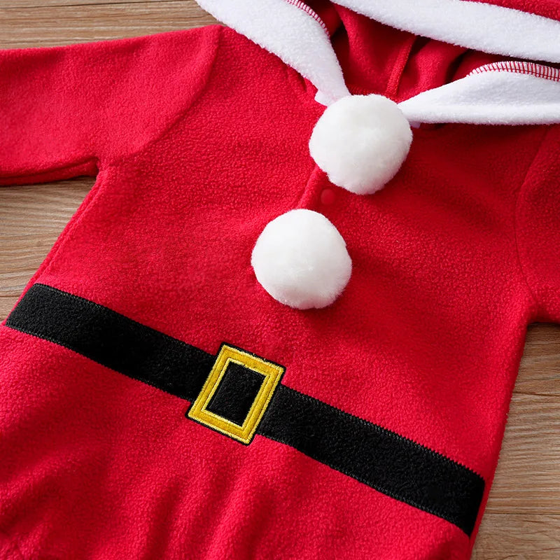 Fleece Baby Santa Hoodie Romper Costume with Socks (Sizes 0-18 Months)