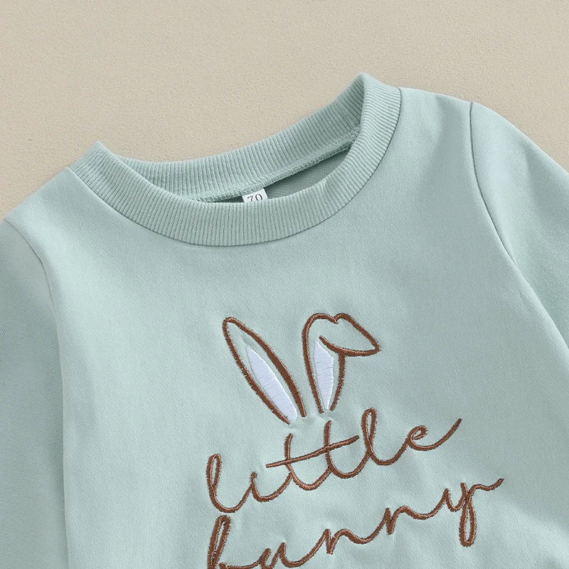 Toddler Girls Easter Little Bunny Embroidery Long Sleeve Sweatshirt and Elastic Waist Pants Set