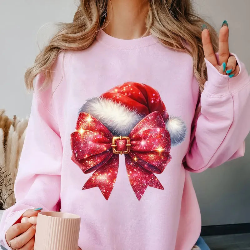 Women's Pink Bow Print Christmas Sweatshirt