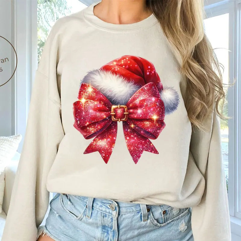 Women's Beige Bow Print Christmas Sweatshirt