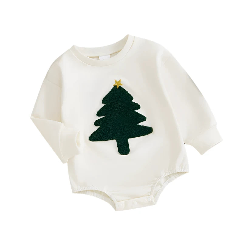 Baby's Christmas Tree Embroidery Long Sleeve Crew Neck Bubble Romper