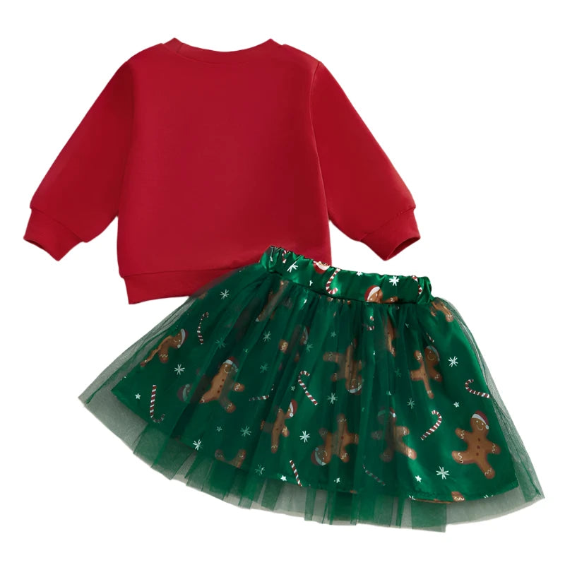 Toddler Girls Christmas Gingerbread Sweatshirt and Tulle Skirt Outfit