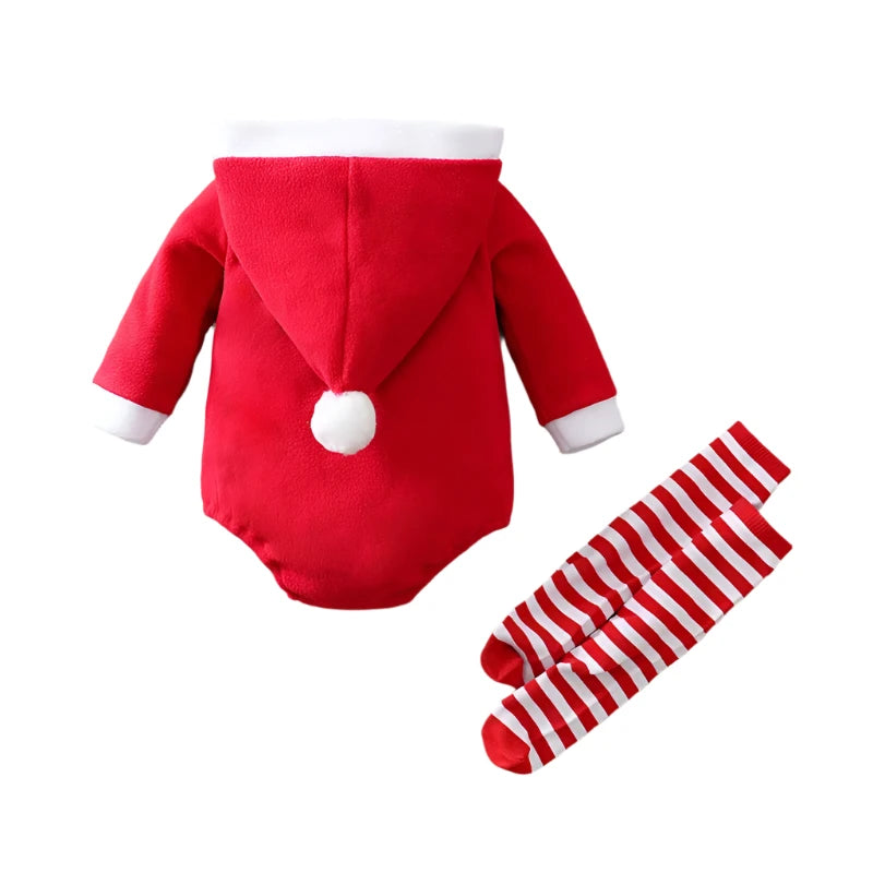 Fleece Baby Santa Hoodie Romper Costume with Socks (Sizes 0-18 Months)