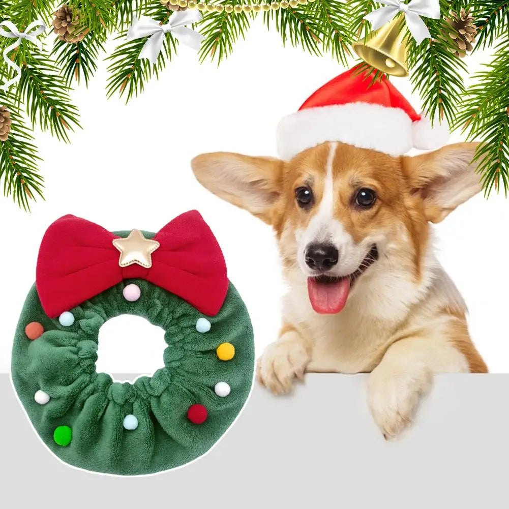 Dog Christmas Tree Collar with Red Bow and Fuzzy Balls (Sizes S - XL)