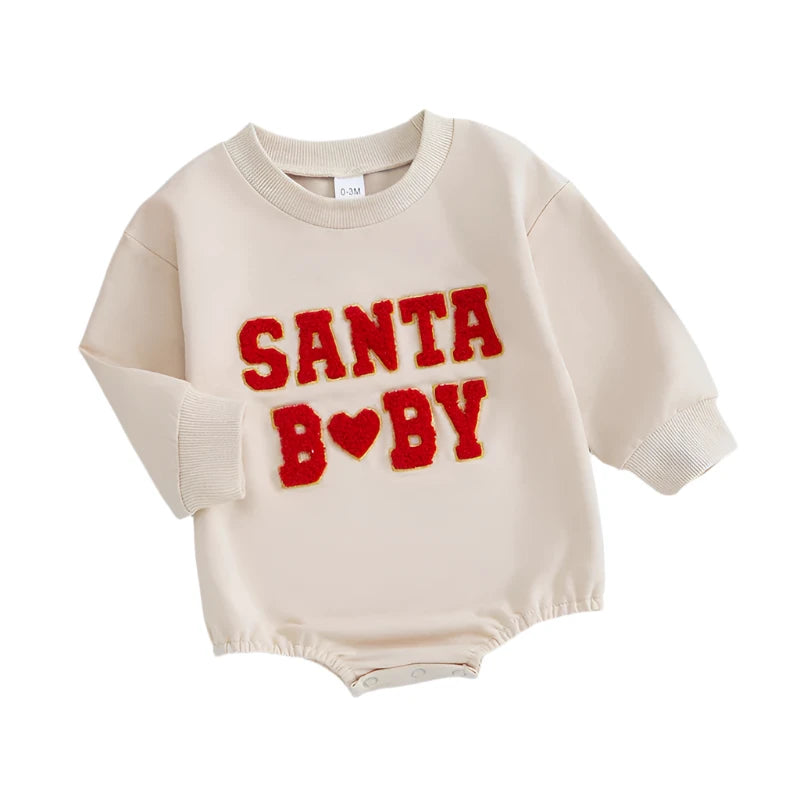 Baby Christmas Sweatshirt Romper with Letter Embroidery