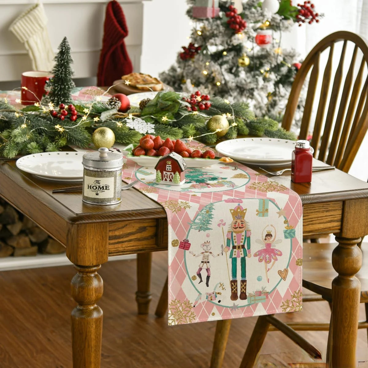 Pink Plaid Nutcracker Christmas Table Runner