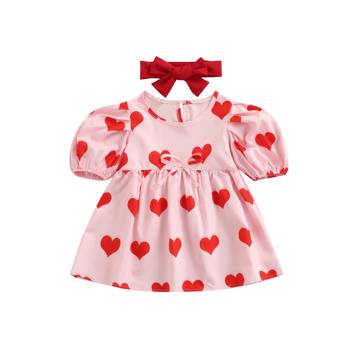 Toddler Girls Red Heart Print Puff Sleeve Party Dress