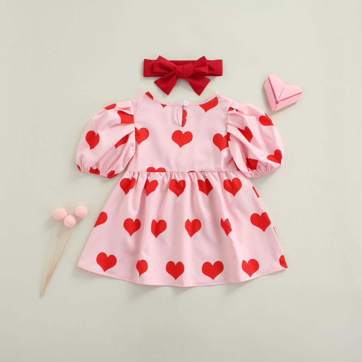 Toddler Girls Red Heart Print Puff Sleeve Party Dress