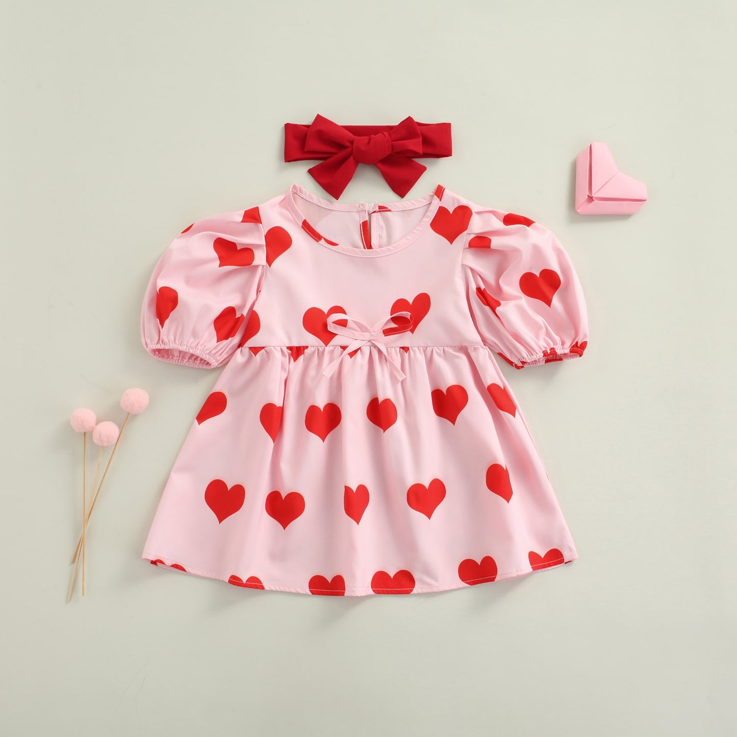 Toddler Girls Red Heart Print Puff Sleeve Party Dress