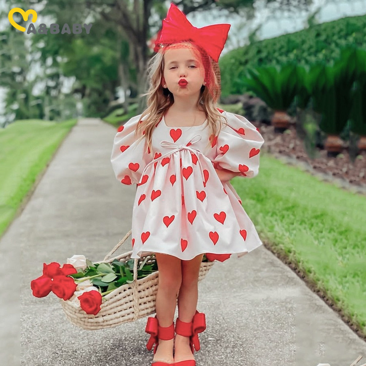 Toddler Girls Red Heart Print Puff Sleeve Party Dress