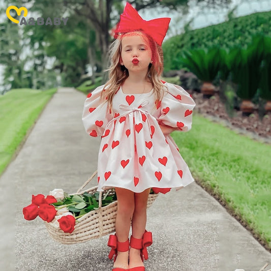 Toddler Girls Red Heart Print Puff Sleeve Party Dress