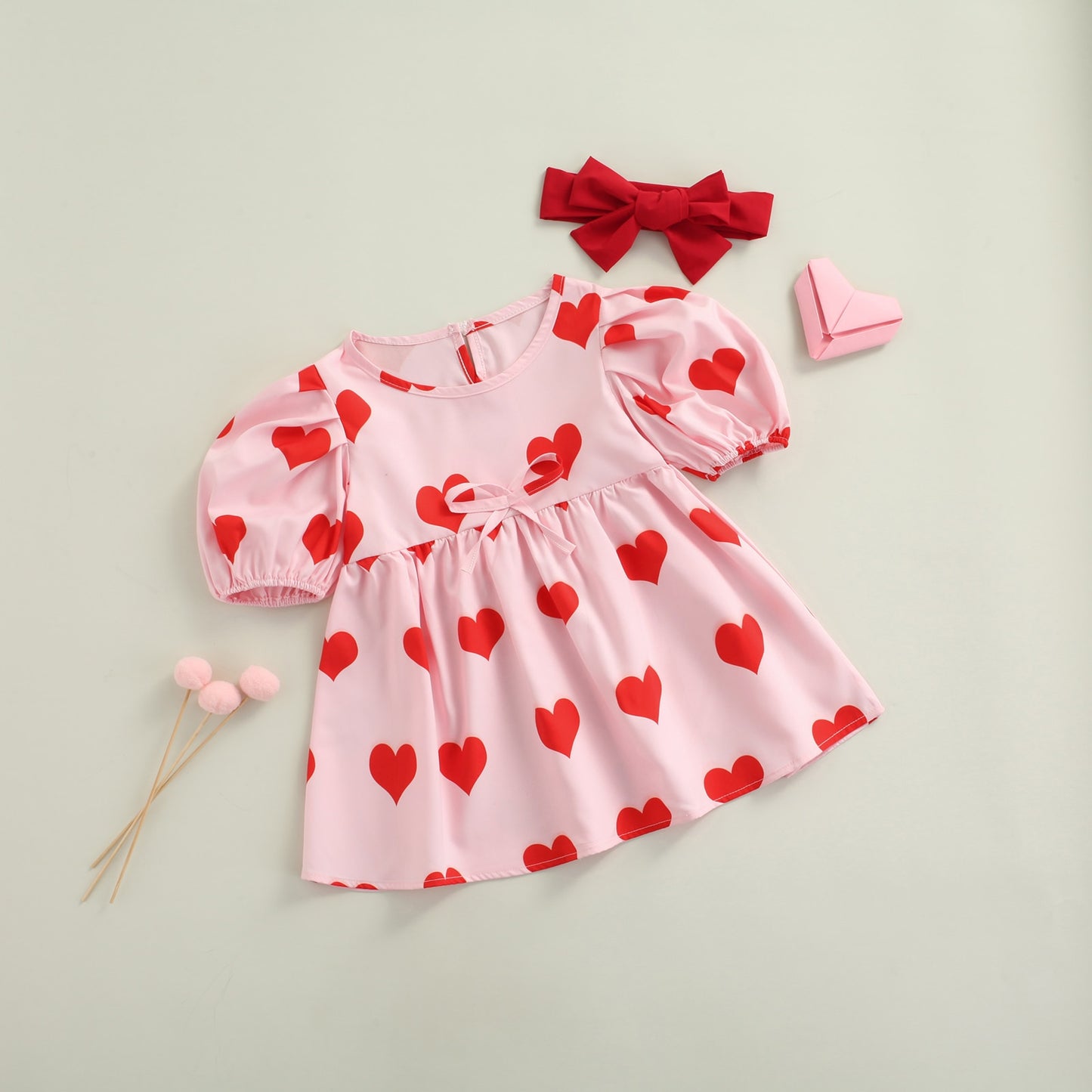 Toddler Girls Red Heart Print Puff Sleeve Party Dress