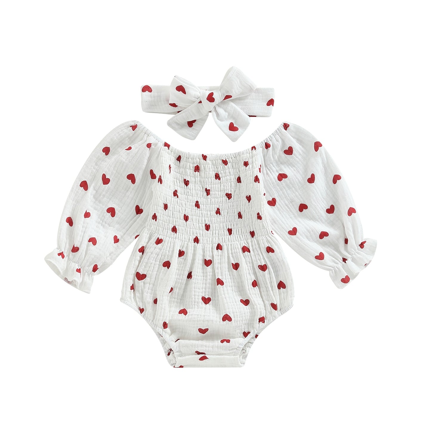 Baby Girl Valentine's Day Heart Print Romper with Headband