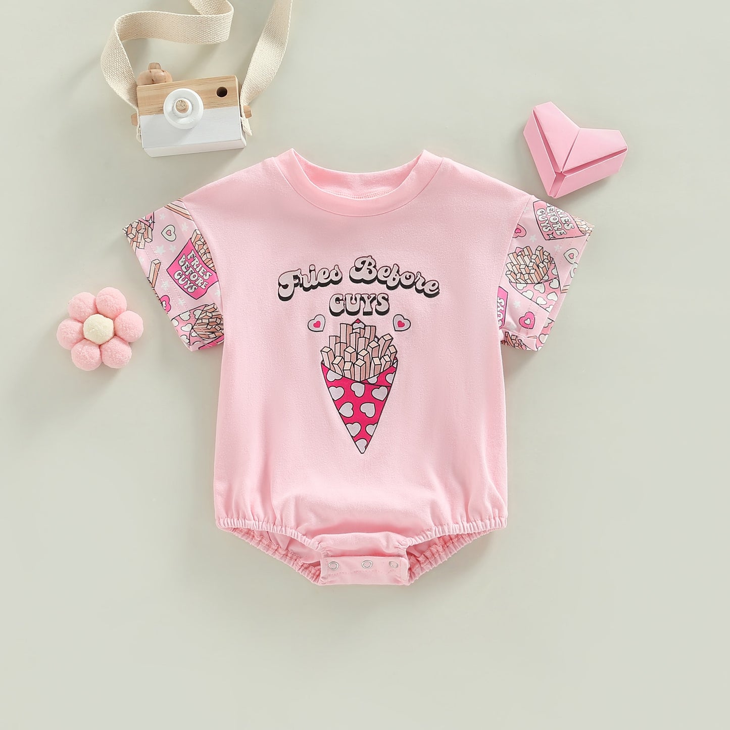 Valentines Day Baby Girls 'Fries before Guys' Pink Romper