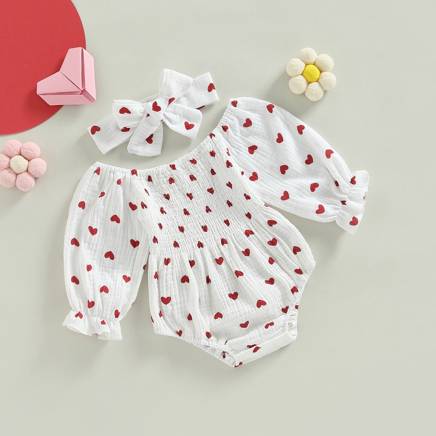 Baby Girl Valentine's Day Heart Print Romper with Headband