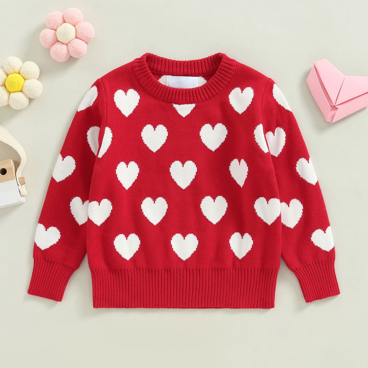 Girls Long Sleeve Heart Print Knit Sweater