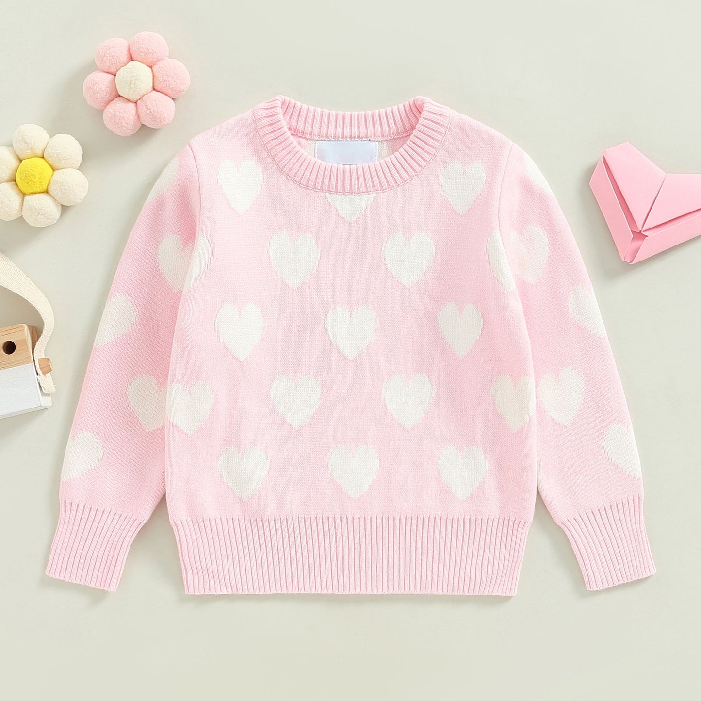 Girls Long Sleeve Heart Print Knit Sweater