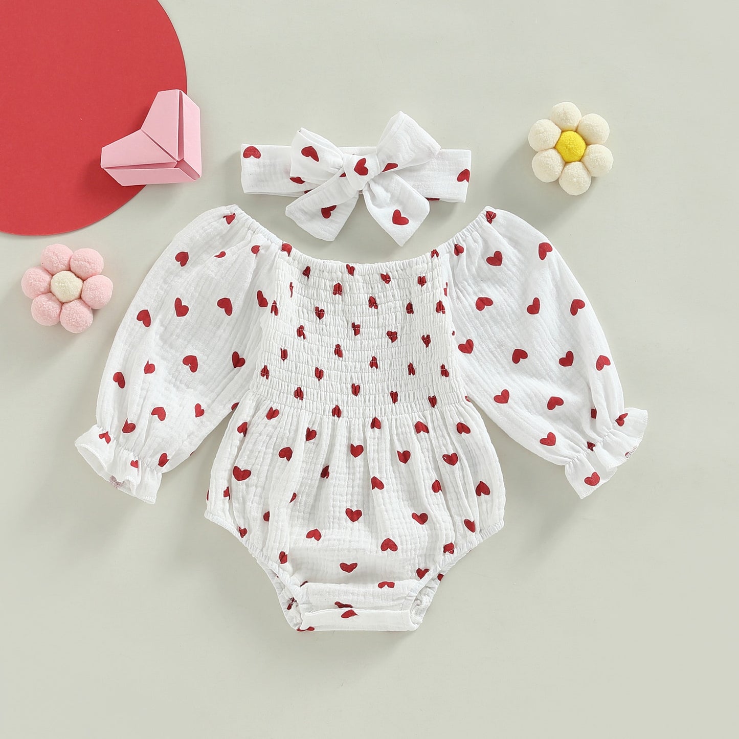 Baby Girl Valentine's Day Heart Print Romper with Headband