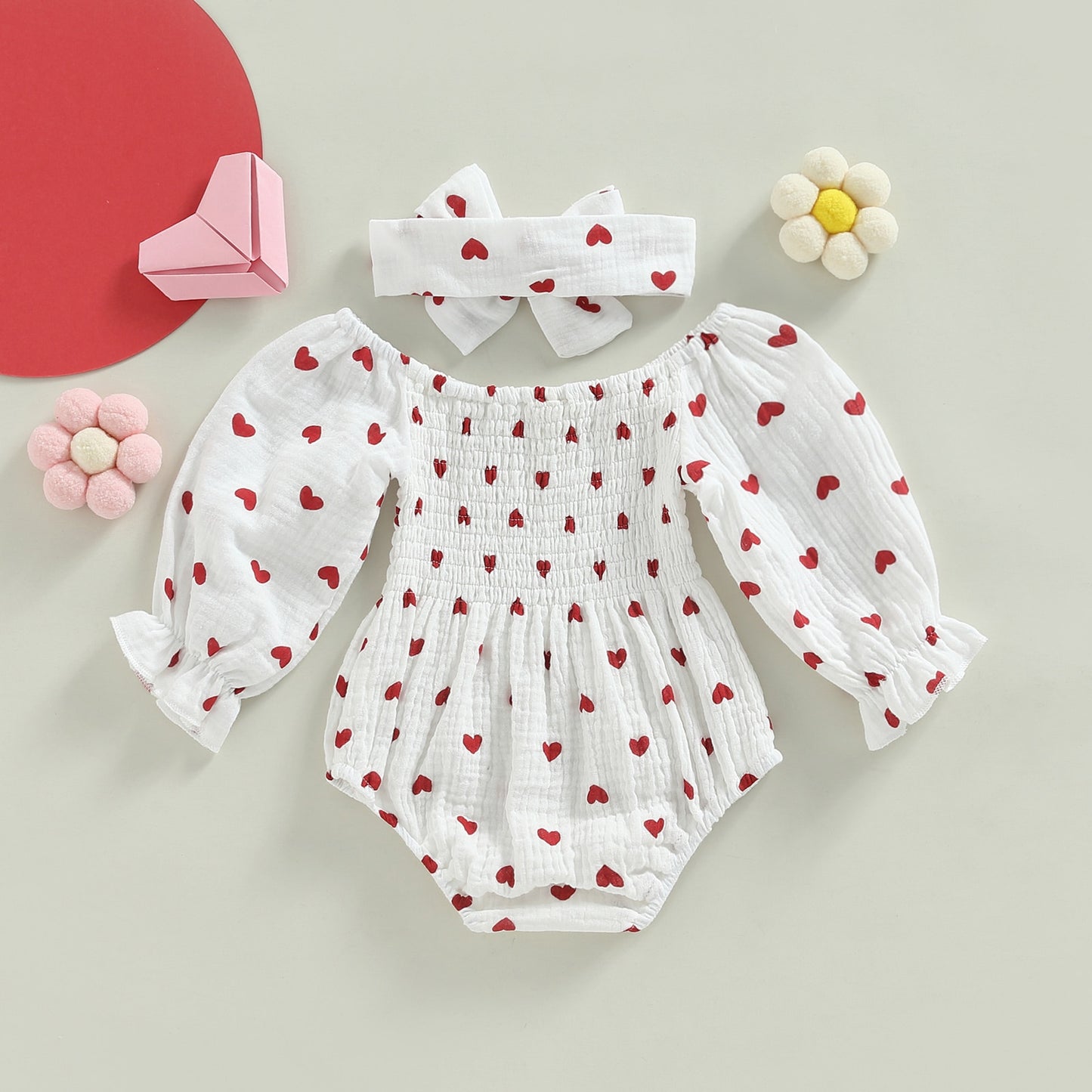 Baby Girl Valentine's Day Heart Print Romper with Headband