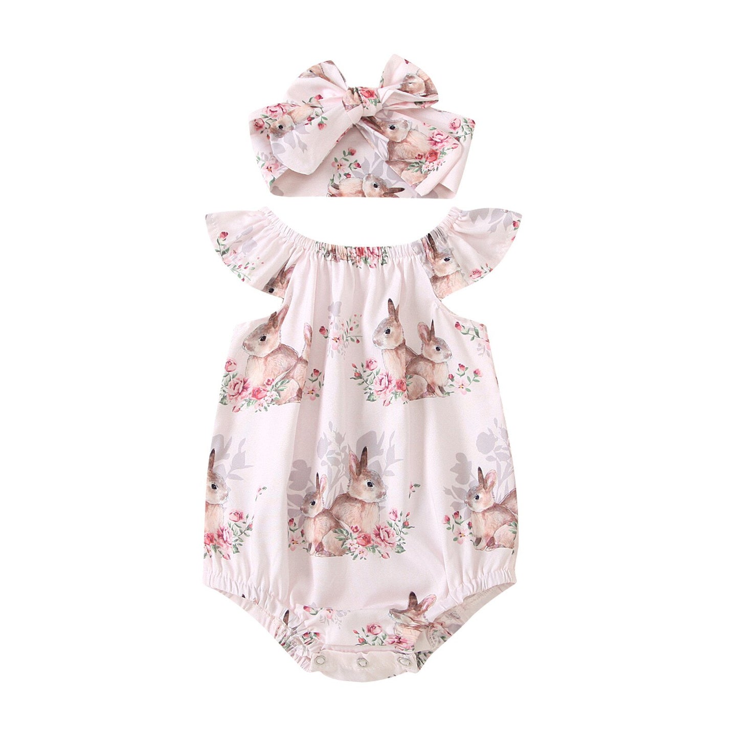 2pc Baby Girls Easter Bunny Printed Bodysuit + Headband