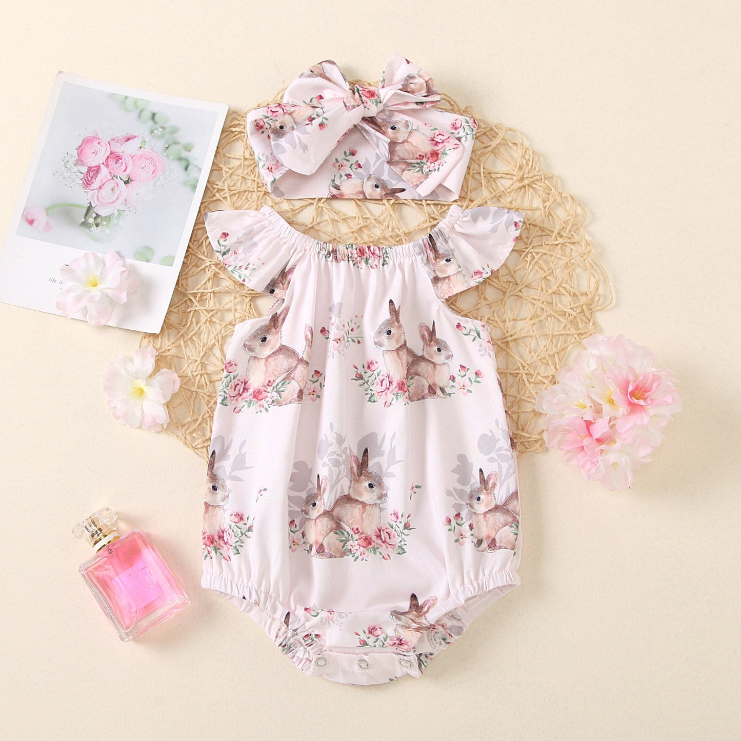 2pc Baby Girls Easter Bunny Printed Bodysuit + Headband