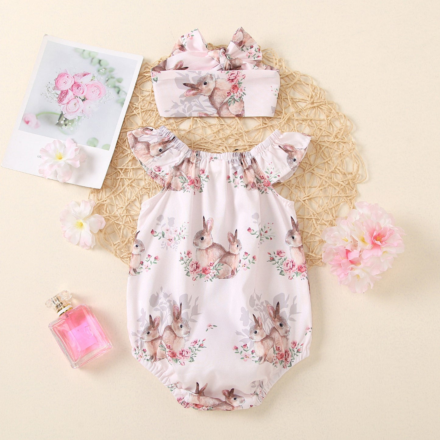 2pc Baby Girls Easter Bunny Printed Bodysuit + Headband