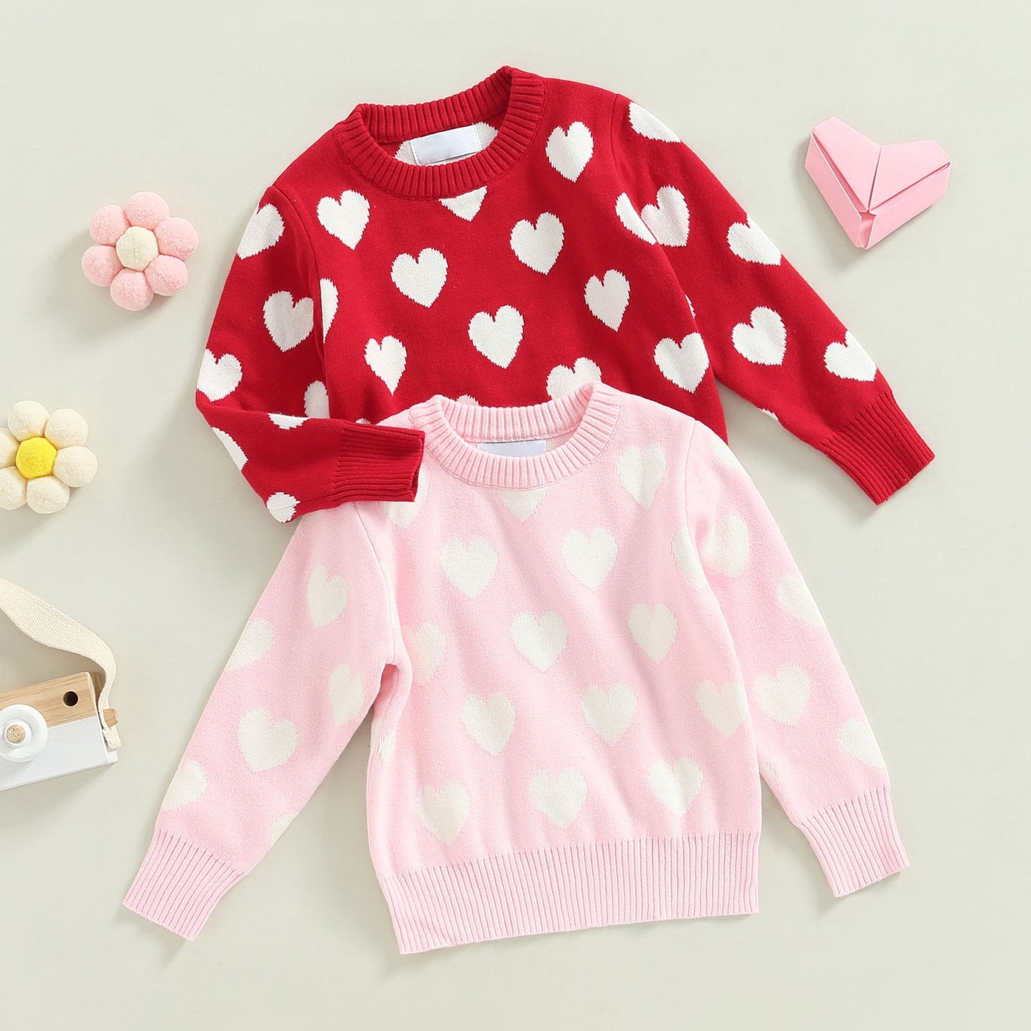 Girls Long Sleeve Heart Print Knit Sweater