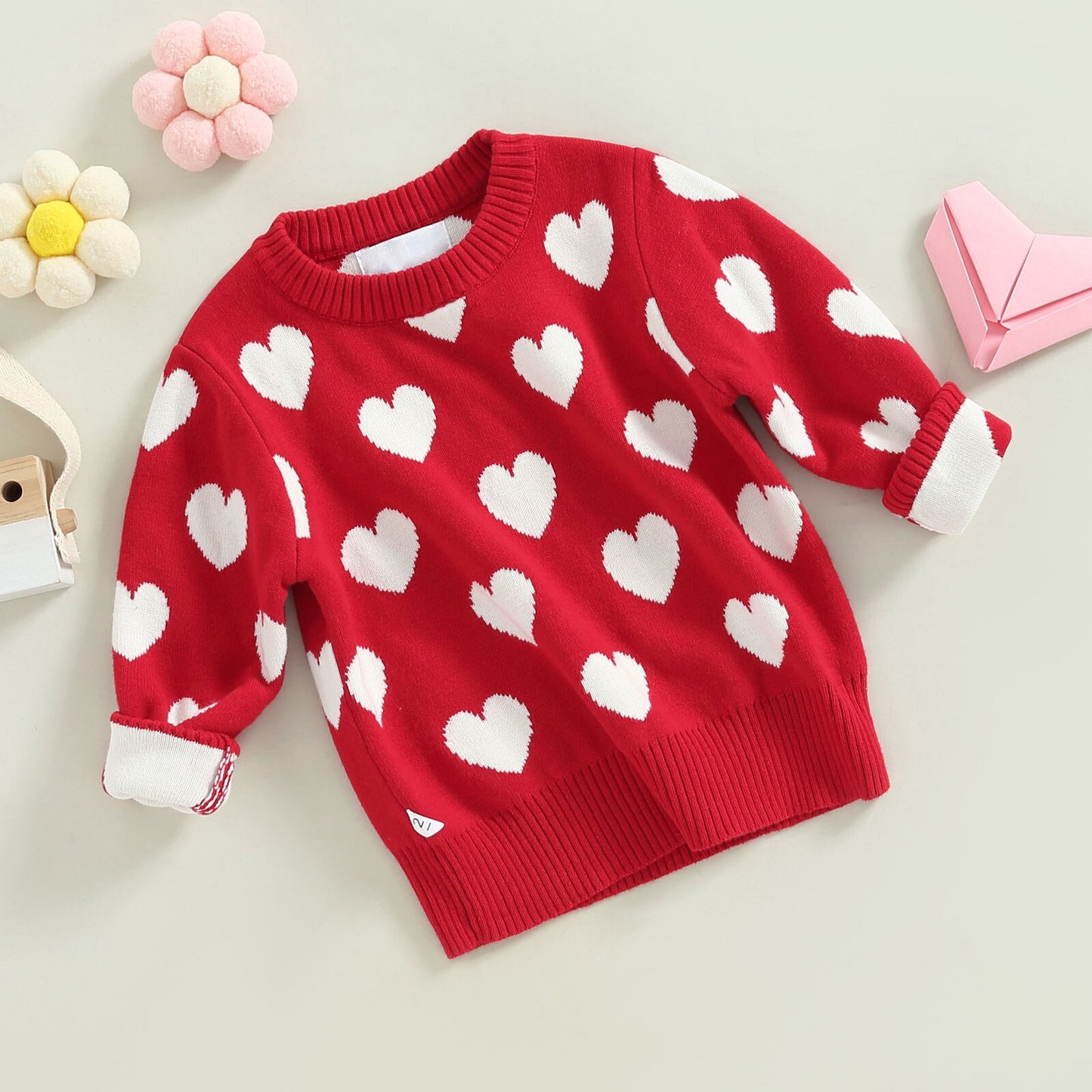 Girls Long Sleeve Heart Print Knit Sweater